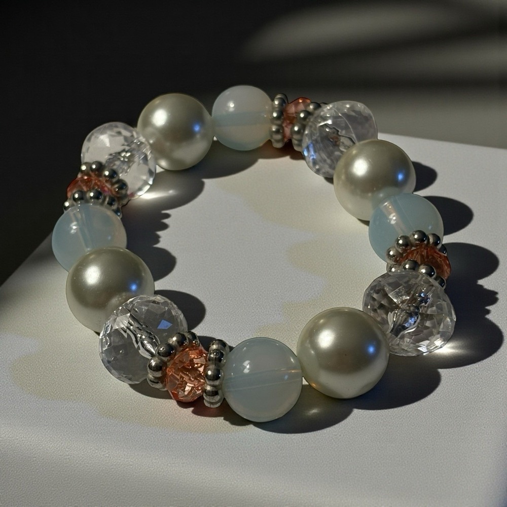 Stretch Bracelet Glass &‎ Acrylic Beads Chunky Faceted Clear Pink Faux Pearl
